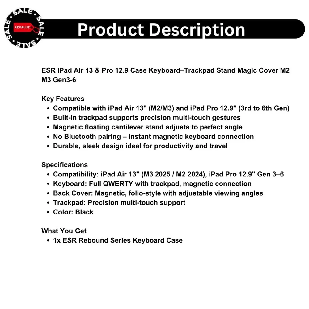 ESR iPad Air 13 & Pro 12.9 Case Keyboard–Trackpad Stand Magic Cover M2 M3 Gen3-6